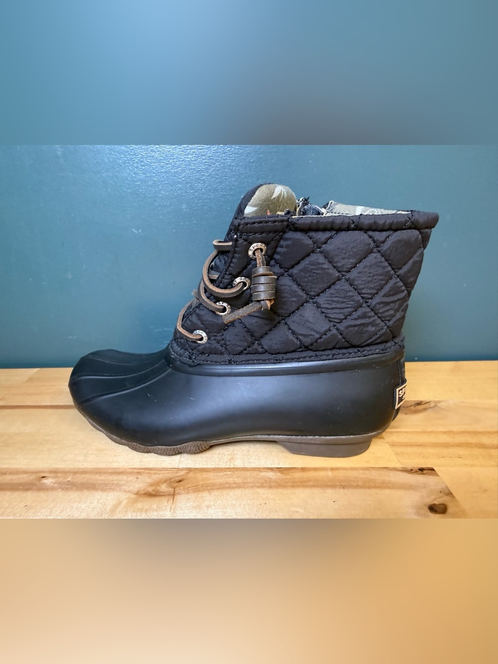 Sperry Quilted Black Waterproof Lace-Top Rain Ankle Boot